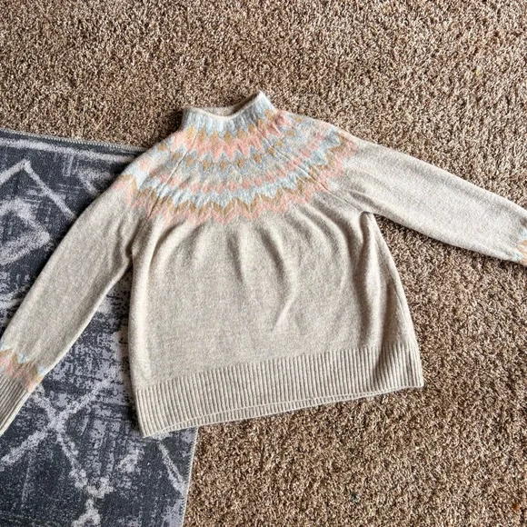 CeCe Cream and Pink Cowl Neck Sweater with Fair Isle Pattern - Picture 2 of 6